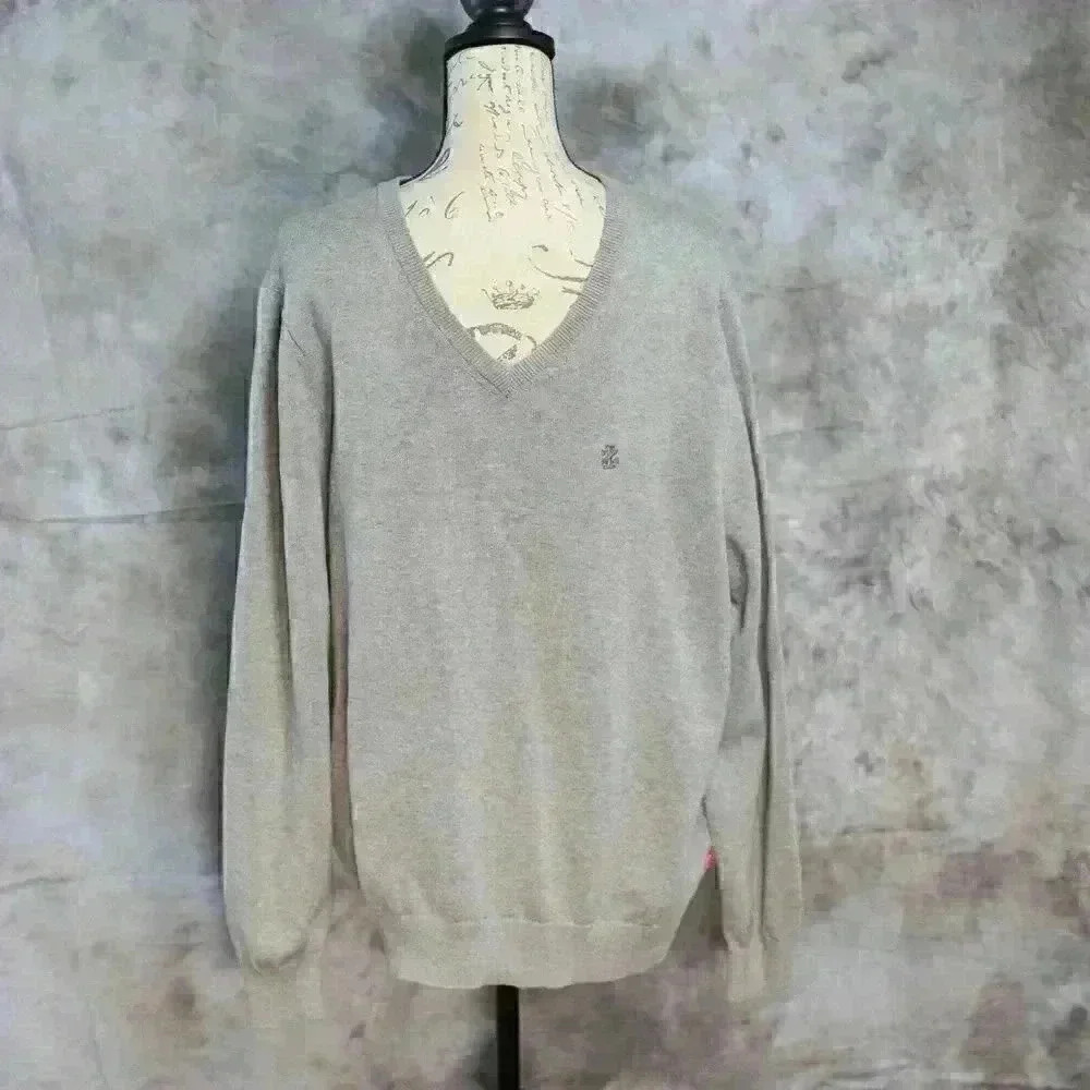 Men's IZOD V-Neck Sweater Pullover Size Large L Grey Long Sleeve Cotton Knit